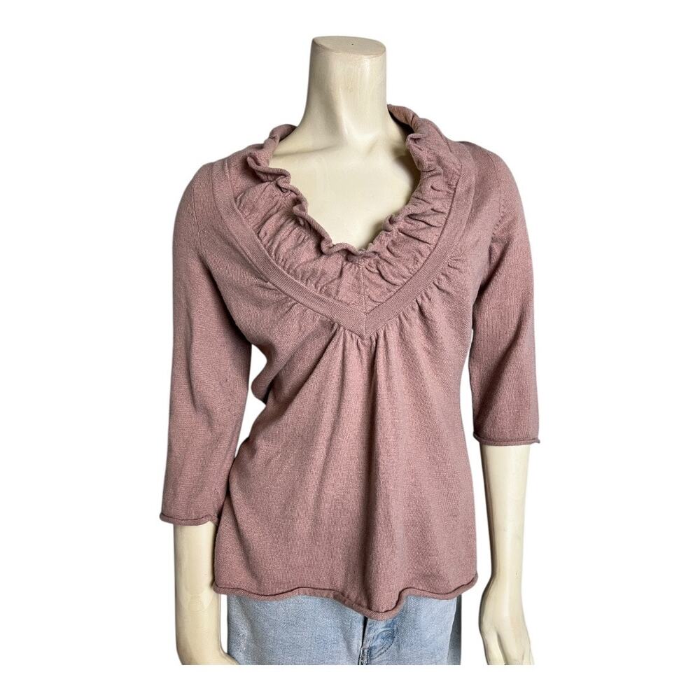 Anthropologie Women's Ruffled V-Neck Sweater By Moth - Dusty Pink